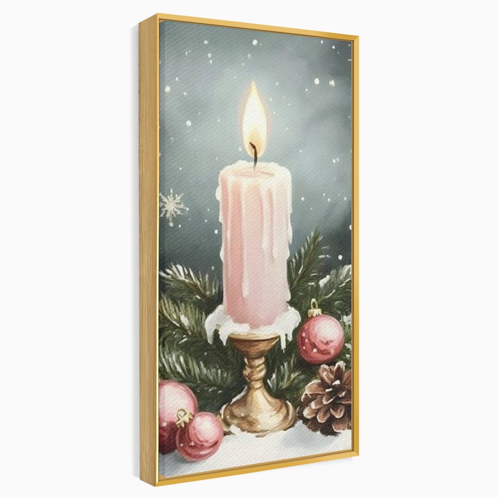 Tablou canvas cu tablou canvas cu lumanare roz si globuri, in rama de aluminiu auriu